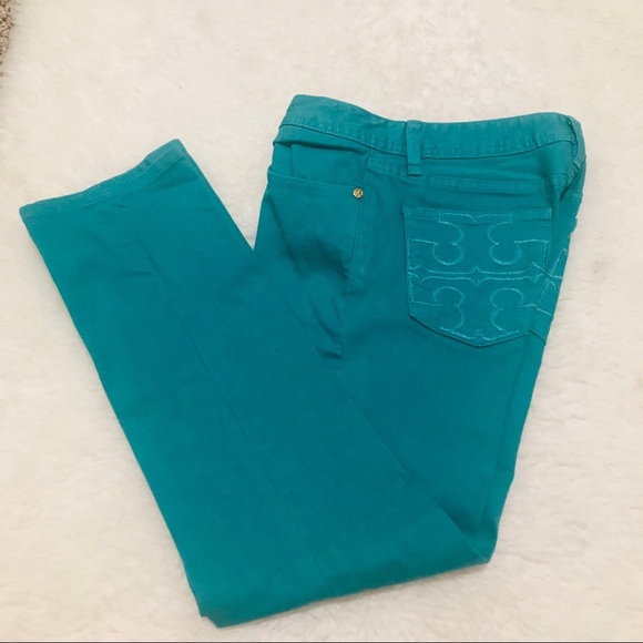 Tory Burch Women’s Cropped Slim Boot Green Denim Jeans/Pants size 26 - Picture 12 of 13